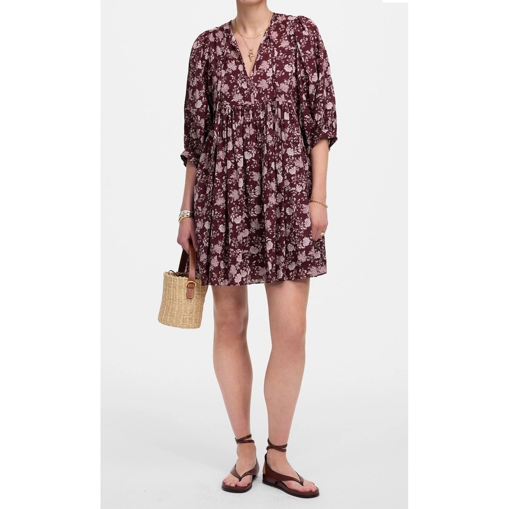 Madewell Floral Split Neck Puff Sleeve Mini dress Burgundy Wine Cotton Size M